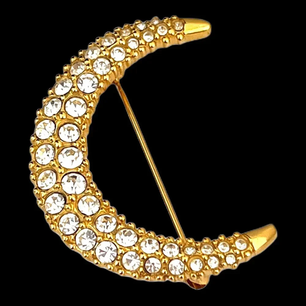 Vintage Swarovski Crystal Crescent Moon Brooch Gold Tone - 1E